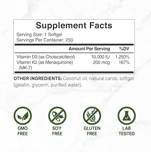 Third party lab tested vitamin D3 plus K2 dietary supplement bottle display with 250 count