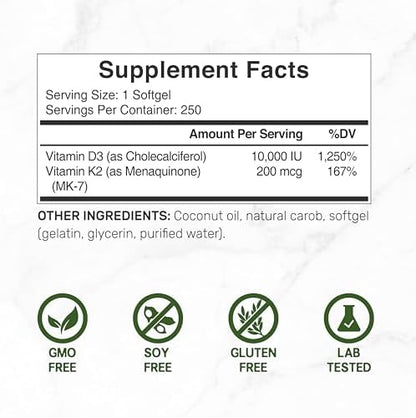 Third party lab tested vitamin D3 plus K2 dietary supplement bottle display with 250 count