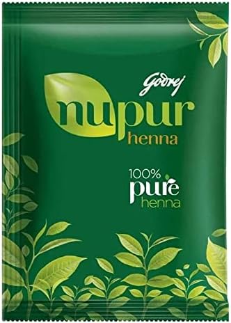 Three individual packs of Godrej Nupur Henna hair powder displaying product benefits and pure ingredients.