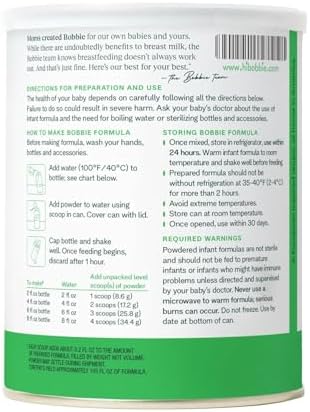 Authentic imported Bobbie baby milk formula powder showing detailed preparation instructions.