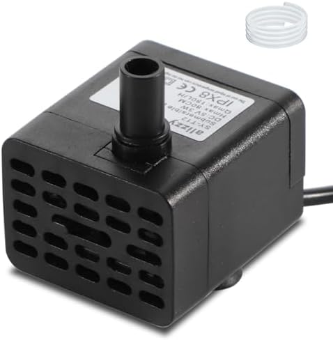 Alizzy 3W mini fountain pump with attached water tubing and adjustable slide cover.