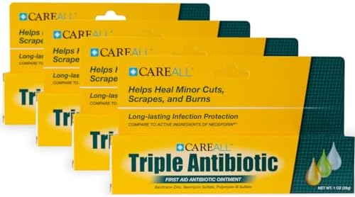 Close up of CareAll USA imported topical antibiotic tubes for family healthcare kits