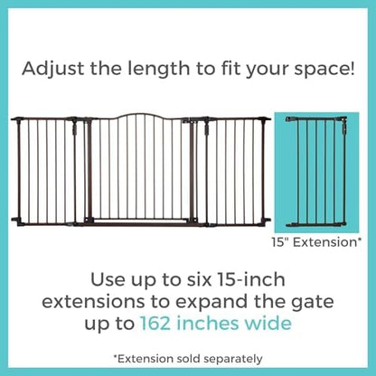 North States toddler safety barrier blocking wide hallway top of stairs
