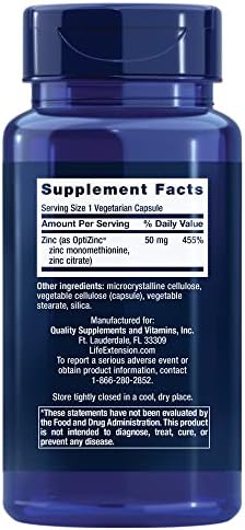 Life Extension ultra absorbable immune support zinc capsules supplement facts label