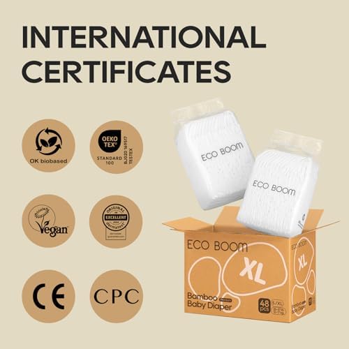 Rear view of the ECO BOOM bamboo diaper package showing international certifications and natural ingredients list.