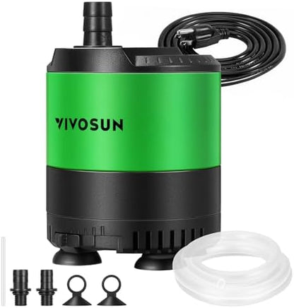 VIVOSUN compact aquarium pump with included 4.9 feet tubing and outlet adapters.