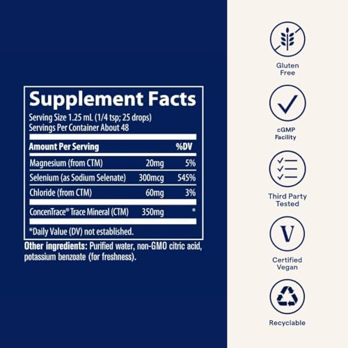 Trace Minerals Ionic Selenium 300 mcg liquid dietary supplement alongside its measurement dropper