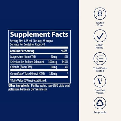 Trace Minerals Ionic Selenium 300 mcg liquid dietary supplement alongside its measurement dropper