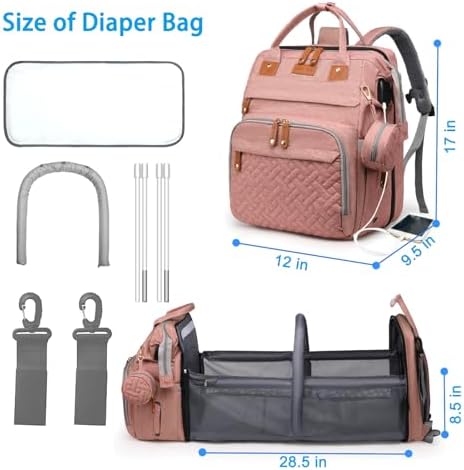 Jeryswet pink diaper backpack displayed with stroller straps