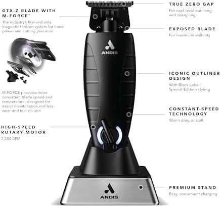 Close up view of the GTX-Z blade and M-Force magnetic tension system on the black cordless trimmer