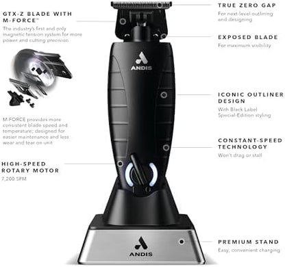 Close up view of the GTX-Z blade and M-Force magnetic tension system on the black cordless trimmer