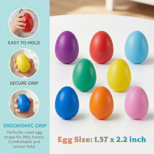 Menzcci plastic musical egg shakers being held by a toddler to demonstrate easy grip and handheld scale.