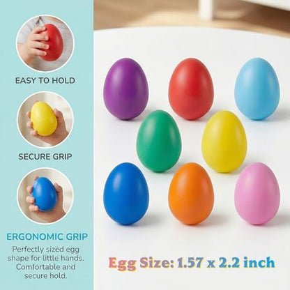 Menzcci plastic musical egg shakers being held by a toddler to demonstrate easy grip and handheld scale.