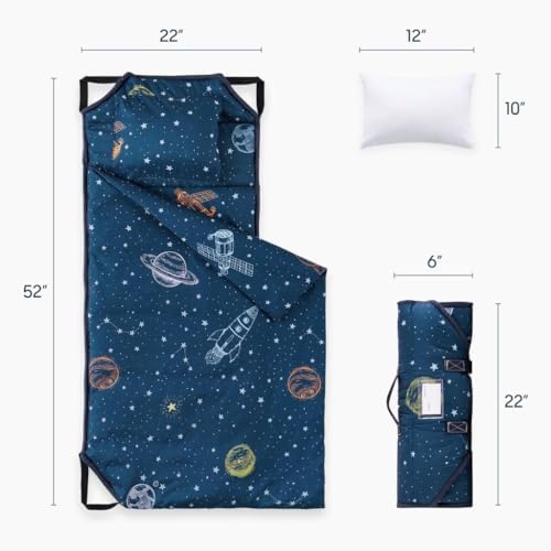 Wake In Cloud toddler sleeping bag rolled up with secure hook and loop fasteners and carry handle.