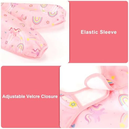 Close-up view of the adjustable hook and loop neck closure on the Accmor long sleeve baby bib.