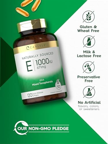 Side profile of Carlyle Vitamin E 120 quick release softgels bottle