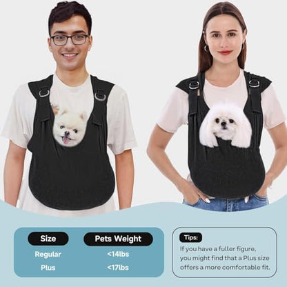 Breathable cotton pet chest pack side view on a person walking