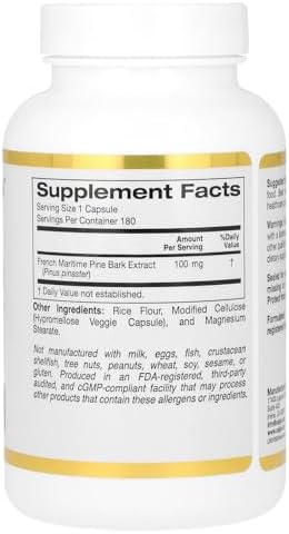 Side angle of California Gold Nutrition Oligopin 180 veggie capsules detailing antioxidant benefits
