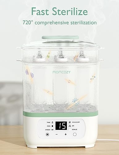 Momcozy baby bottle sterilizer and dryer open with bottles