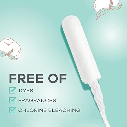 Tampax Pure Cotton unscented tampons highlighting the dye free and chlorine free bleaching process.