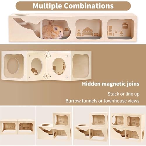 Marchul Magnetic Hamster Hideout Wooden House Chamber for Small Animals Pets Tunnel Exploring Toys for Dwarf Hamsters, Syrian, Gerbils, Hedgehogs, Rats, Mice (Living Room) - Image 6