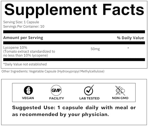 Supplement facts panel and ingredient details on the back of the Folius Labs Lycopene vegetable capsules packaging.