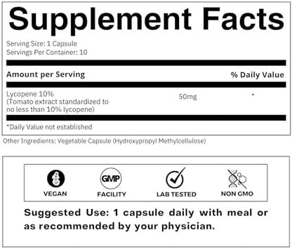 Supplement facts panel and ingredient details on the back of the Folius Labs Lycopene vegetable capsules packaging.