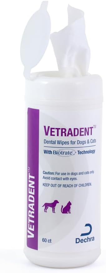 Close up of Vetradent pet teeth cleaning wipes container displaying the Biotrate Technology label.