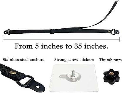 Two pack anti tip furniture anchors attached to the back of a large flat screen television display.