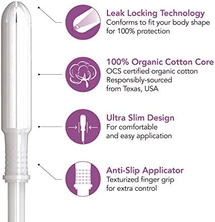 Organic cotton tampons with BPA-free plastic applicator for easy insertion.