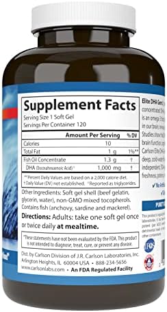 Carlson Elite DHA Gems supplement facts label details.