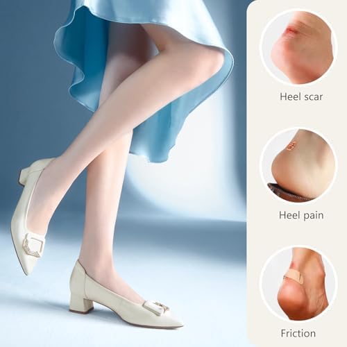 Heel pads being applied to the interior back of a high heel shoe.