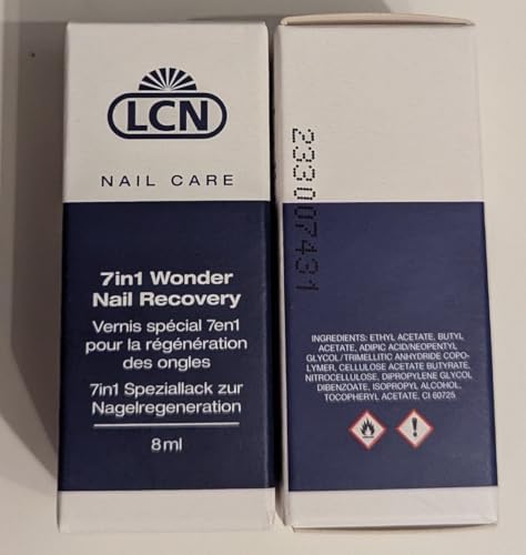 Close-up of the LCN 7in1 professional nail hardener and optical brightener treatment applicator brush.