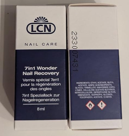 Close-up of the LCN 7in1 professional nail hardener and optical brightener treatment applicator brush.