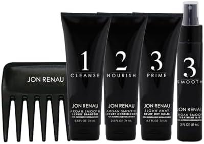 Complete five piece Jon Renau human hair care essential collection showcasing shampoo conditioner mist balm and wide tooth comb packaging