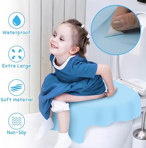 Demonstration of a toddler using the adhesive backed toilet seat cover for sanitary potty training.
