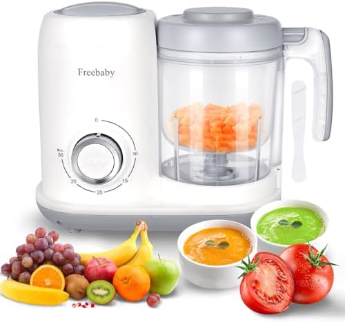 Freebaby infant food processor with the top lid open displaying the premium stainless steel blending blade.