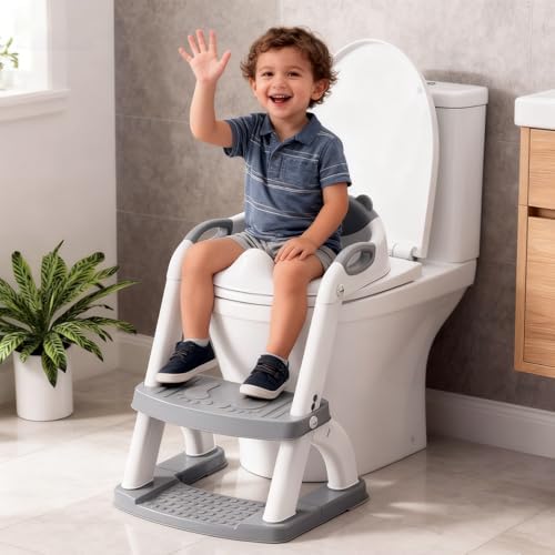 Folded SKYROKU toddler toilet trainer showcasing its compact space saving bathroom storage mode.