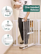 Babelio white metal child gate showing included extension kits and wall protector cups