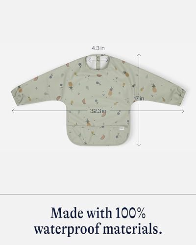 Packaging view of the authentic USA imported Lalo infant long sleeve bib in sage fruit print.