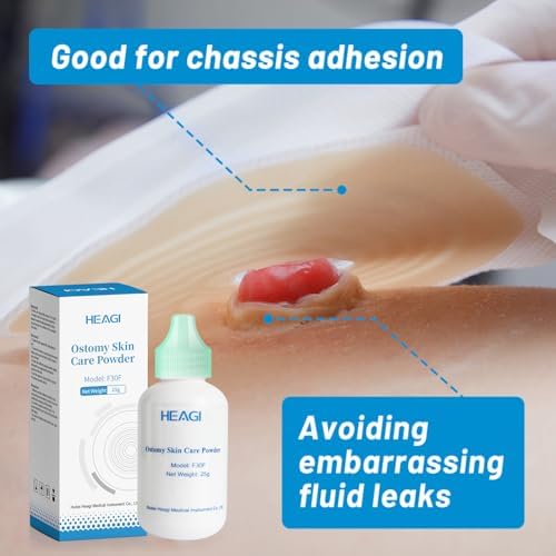 Back label of Heagimed stoma powder showing product specifications for peristomal skin care.