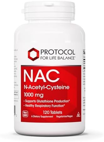 N-Acetyl Cysteine 1000mg supplement bottle showing vegetarian and non-GMO labels.