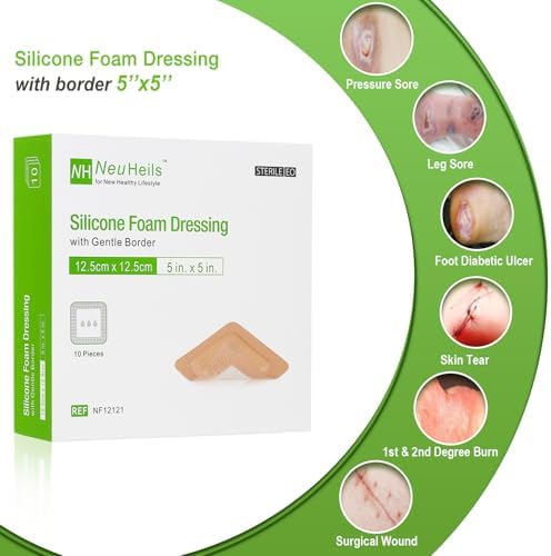 NeuHeils medical adhesive bandage patch protecting a leg ulcer with its high absorbency layer.