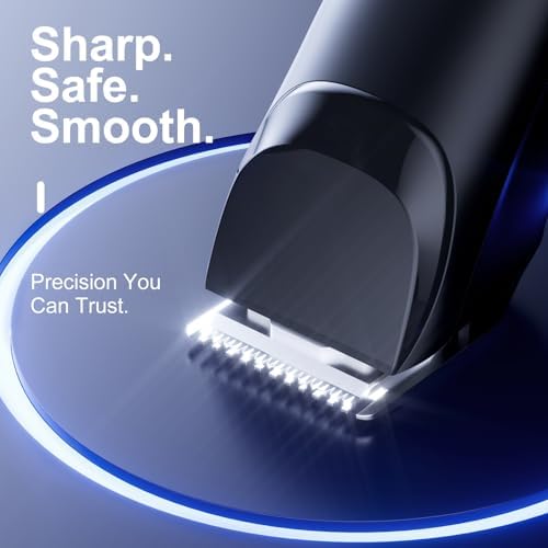 Close up of the R-shaped stainless steel trimmer blades demonstrating precise and safe cutting edge design