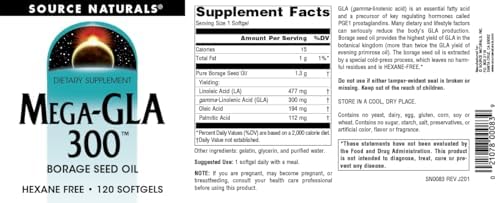 Source Naturals Gamma Linolenic Acid capsules showing bottle size and softgel count.