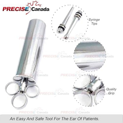 Surgical grade metal ear syringe for medical and home ear cleaning.