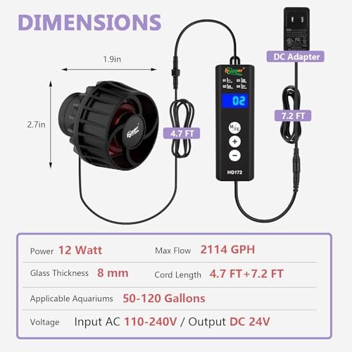 Hygger aquarium pump packaging showcasing authentic USA imported technical specifications