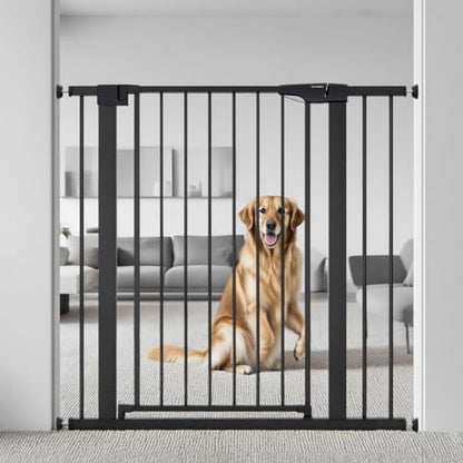 Mumeasy pressure mounted pet gate protector showing tool free alignment against a door frame