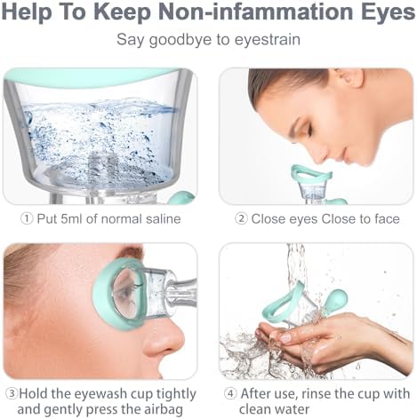 Transparent eye rinse cup showing manual air pressure mechanism for dust removal