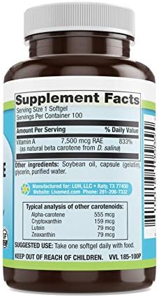 Antioxidant protection beta carotene 100 count capsule bottle layout.